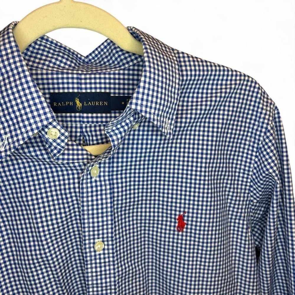 Ralph Lauren Men’s Button-Up – Royal Blue & White Check, Red Logo – Size M